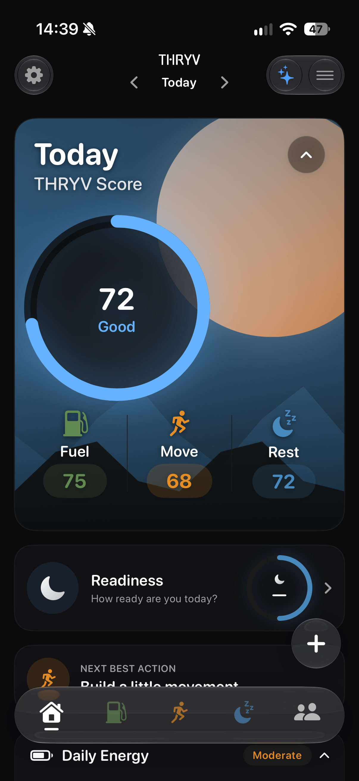 THRYV Today dashboard showing the THRYV Score and Fuel, Move and Rest scores